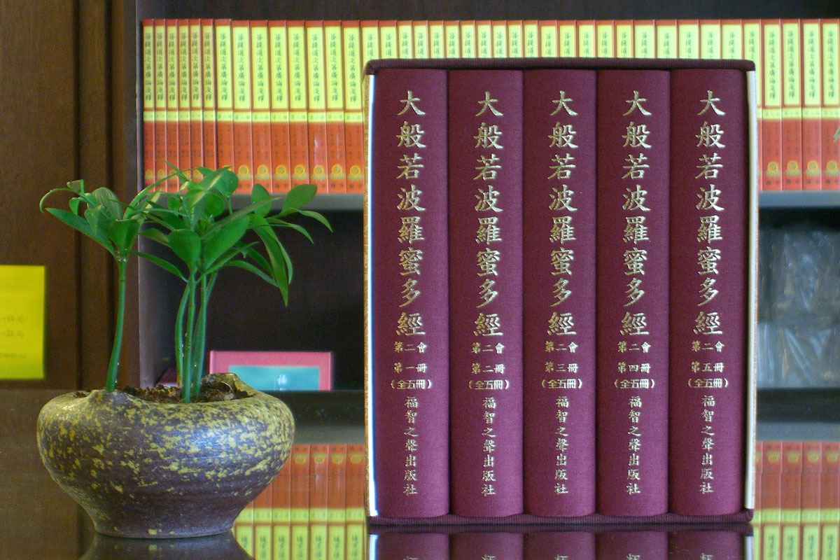 全五冊裝幀精美的《大般若經》第二會整齊排列，象徵佛法智慧的系統化保存與流通
