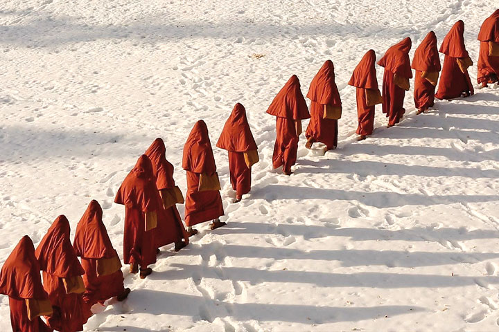 加拿大 PEI 僧眾著禦寒觀音頂與披單在雪中前行