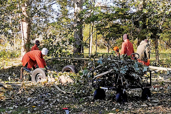 Fiona颶風後，僧團法師們分批出坡，協助整理蘋果園的落果與倒木。